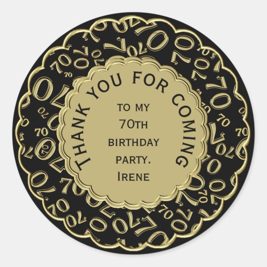 Dank u 70e verjaardag Zwart en Goud Thema Ronde Sticker (Voorkant)