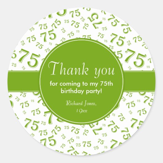 Dank u: 75th groen & wit nummerpatroon ronde sticker (Voorkant)