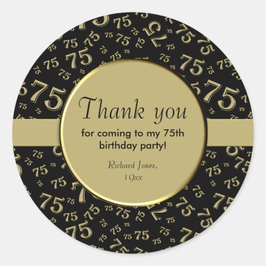 Dank u: 75th zwart & goud nummer patroon ronde sticker (Voorkant)