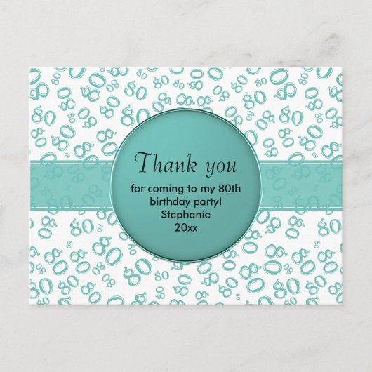 Dank u: 80e Blauwgroen/Witte Verjaardagsnummer Pat Briefkaart (Voorkant)