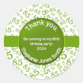 Dank u: 85 Verjaardag Groen/Wit Getal Patroon Ronde Sticker (Voorkant)