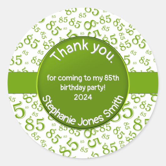 Dank u: 85 Verjaardag Groen/Wit Getal Patroon Ronde Sticker (Voorkant)