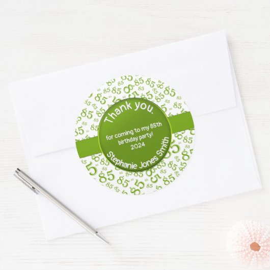 Dank u: 85 Verjaardag Groen/Wit Getal Patroon Ronde Sticker (Envelop)