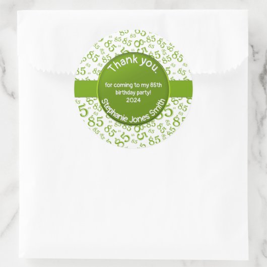 Dank u: 85 Verjaardag Groen/Wit Getal Patroon Ronde Sticker (Tas)