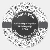 Dank u: 85 Verjaardag Zwart/Wit Getal Patroon Ronde Sticker (Voorkant)