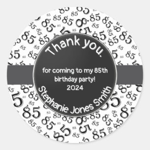 Dank u: 85 Verjaardag Zwart/Wit Getal Patroon Ronde Sticker