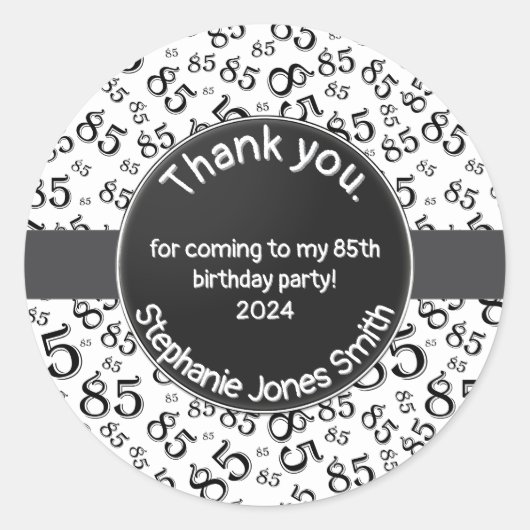 Dank u: 85 Verjaardag Zwart/Wit Getal Patroon Ronde Sticker (Voorkant)