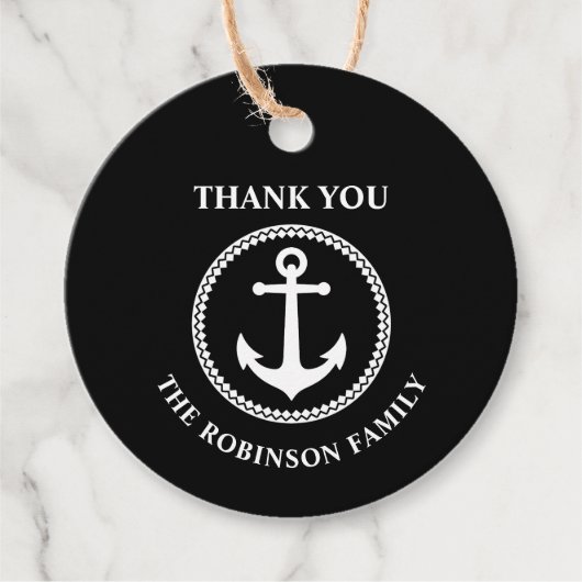 Dank u Aangepaste tekst nautische Zee anker zwart Bedankjes Labels (Voorkant)