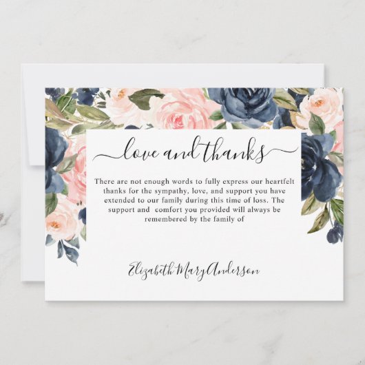 Dank u Afkomst Navy Pink Floral Memorial Bedankkaart (Voorkant)