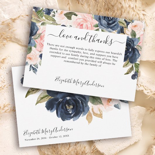 Dank u Afkomst Navy Pink Floral Memorial Bedankkaart