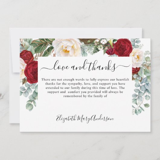 Dank u Afkomst Rood Wit Bloemen Memorial Bedankkaart (Voorkant)