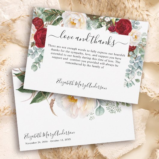 Dank u Afkomst Rood Wit Bloemen Memorial Bedankkaart