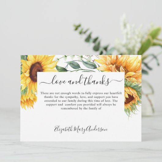 Dank u Afkomst Zonnebloem Bloemen Memorial Bedankkaart (Staand voorkant)