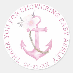 Dank u Anker Nautisch Roze Meisje Baby shower Ronde Sticker