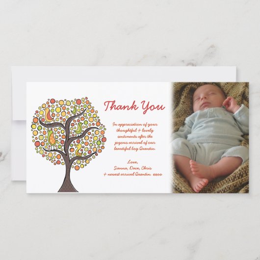 Dank u Autumn Bird Tree Nieuwe Baby Gift Photocard Bedankkaart (Voorkant)
