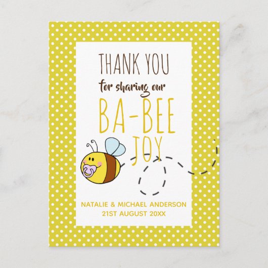 Dank u BA-BEE Baby shower Yellow Polkadot Briefkaart (Voorkant)