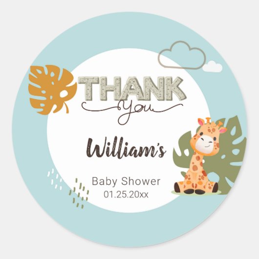Dank u Baby Giraffe, Uitnodiging Baby shower Ronde Sticker (Voorkant)