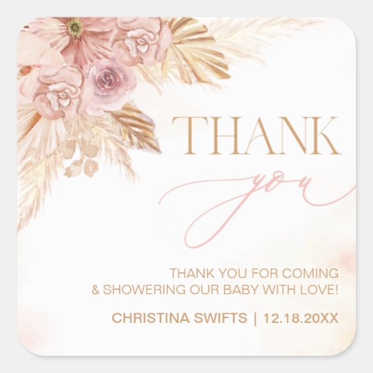 Dank u Baby shower Boho Pampas Grass Theme Vierkante Sticker (Voorkant)