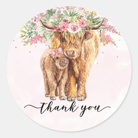 Dank u Baby shower Highland Koe Roze Ronde Sticker (Voorkant)
