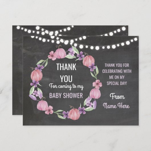 Dank u Baby shower Meisje Kaarten Pompoen Roze (Voorkant / Achterkant)