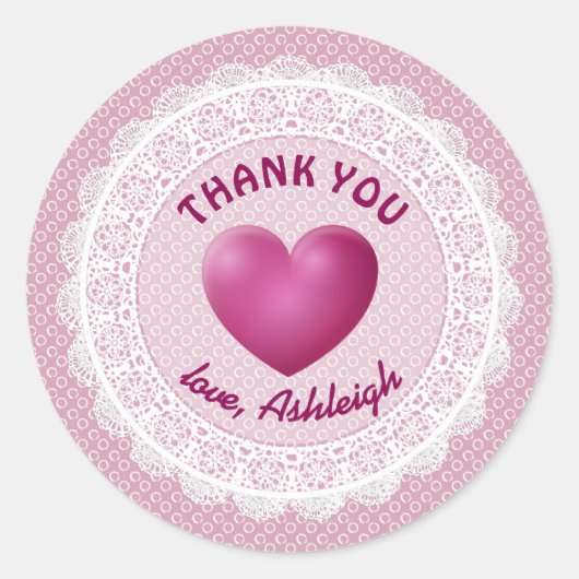 Dank u Baby shower Roze Hart en Kant A04 Ronde Sticker (Voorkant)
