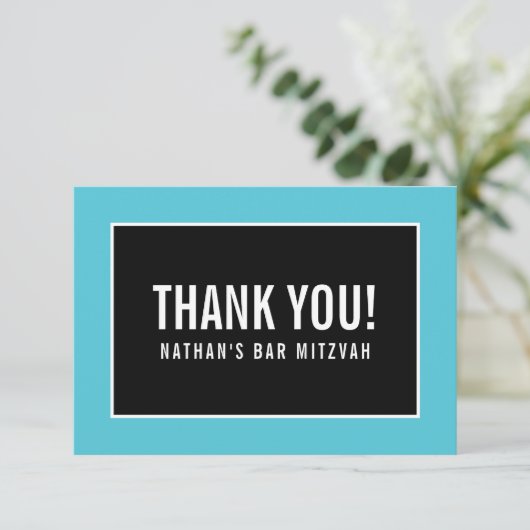 DANK U BAR MITZVAH minimalistische zwarte turquois Bedankkaart (Staand voorkant)