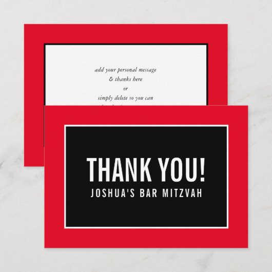 DANK U BAR MITZVAH modern, minimalistisch rood zwa Bedankkaart (Voorkant / Achterkant)