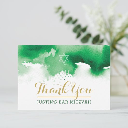 DANK U BAR MITZVAH modern star green waterverf Bedankkaart (Staand voorkant)