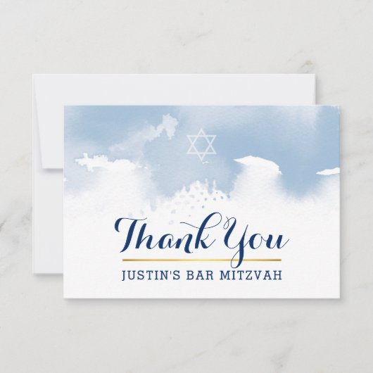 DANK U BAR MITZVAH modern sterrenblauw waterverf Bedankkaart (Voorkant)