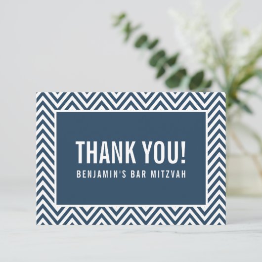 DANK U BAR MITZVAH moderne chevron marine blauw Bedankkaart (Staand voorkant)