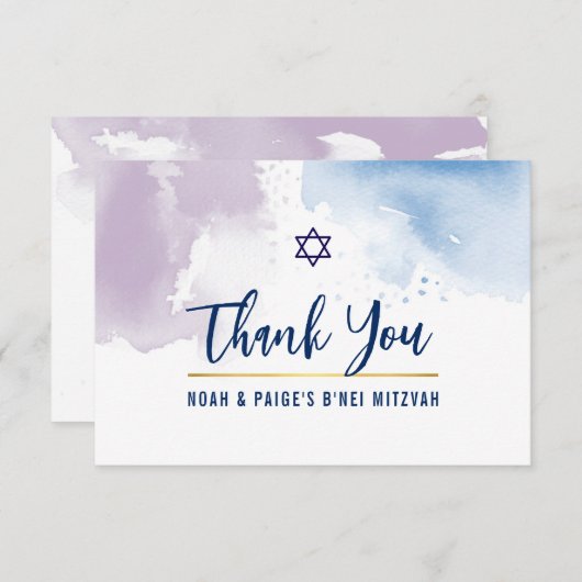 DANK U BAR MITZVAH ster blauw paarse waterverf Bedankkaart (Voorkant / Achterkant)