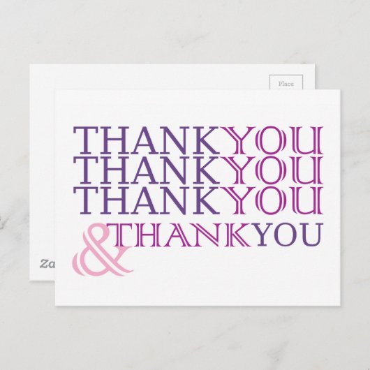 Dank u bedankkaart in paarse tekst briefkaart (Voorkant / Achterkant)