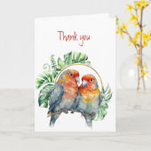 Dank u Bedankt Kleurrijke Papegaaien Tortelduifjes Kaart (Gele Bloem)