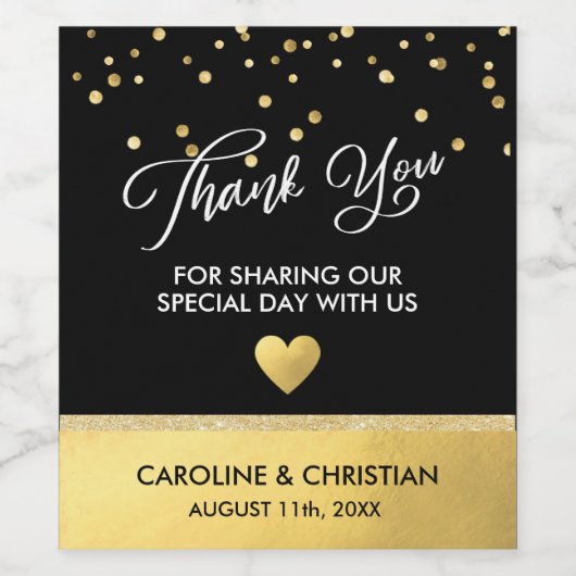 DANK U BEDANKT White Black Faux Gold Foil Heart We Wijn Etiket (Enkel label)