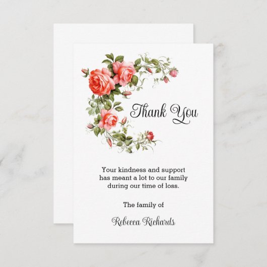 Dank u begrafenis Kaarten, koraal Rozen Bedankkaart (Voorkant / Achterkant)