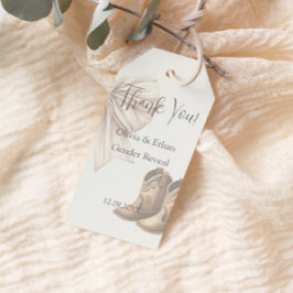 Dank u beige laarzen of bogen geslacht onthullen cadeaulabel