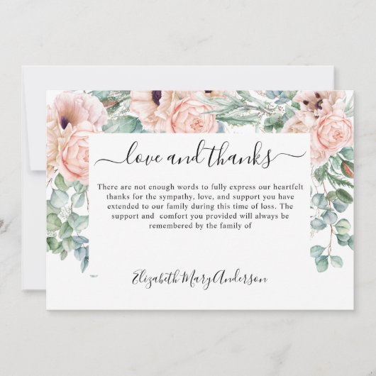 Dank u Bereavement Blush Pink Floral Memorial Bedankkaart (Voorkant)