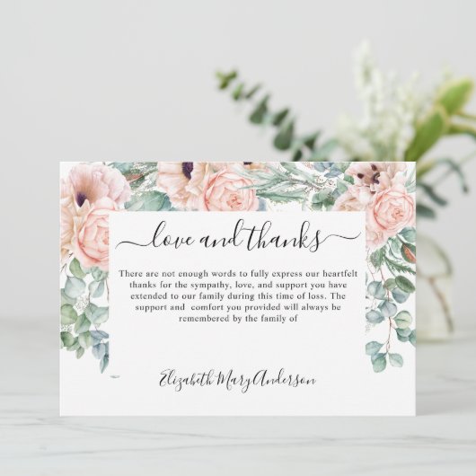 Dank u Bereavement Blush Pink Floral Memorial Bedankkaart (Staand voorkant)