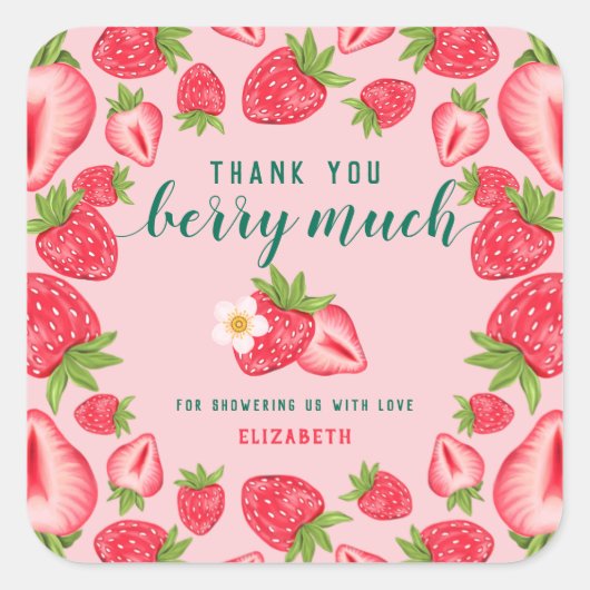 Dank u Berry Much Strawberry Baby shower Custom Vierkante Sticker (Voorkant)