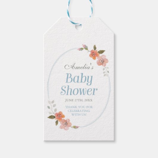 Dank u Blauw Baby shower met Delicate Bloemen Cadeaulabel (Voorkant)