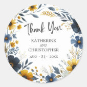 Dank u Blauw Gele Wildbloemen Elegante bruiloft Ronde Sticker (Voorkant)