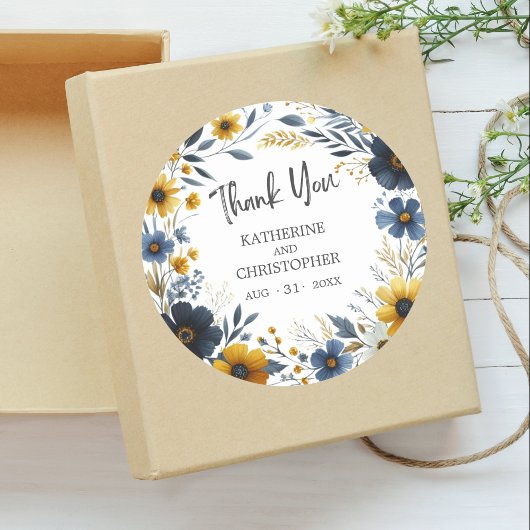 Dank u Blauw Gele Wildbloemen Elegante bruiloft Ronde Sticker