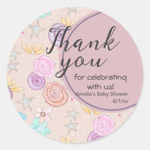 Dank u Bloemen Lila Blauw Baby shower Favor Ronde Sticker