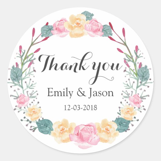 Dank u bloemenkrans roze bruiloft sticker (Voorkant)