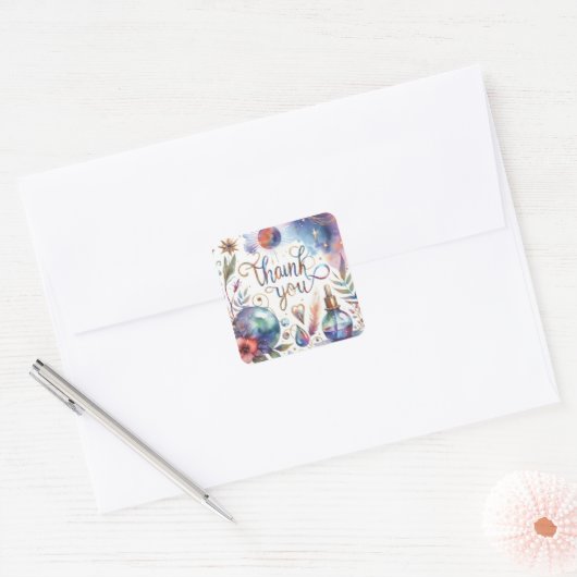 Dank u bloemenontwerp vierkante sticker (Envelop)