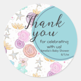 Dank u Bloemensterren Blauwgroen Blauw Baby shower Ronde Sticker