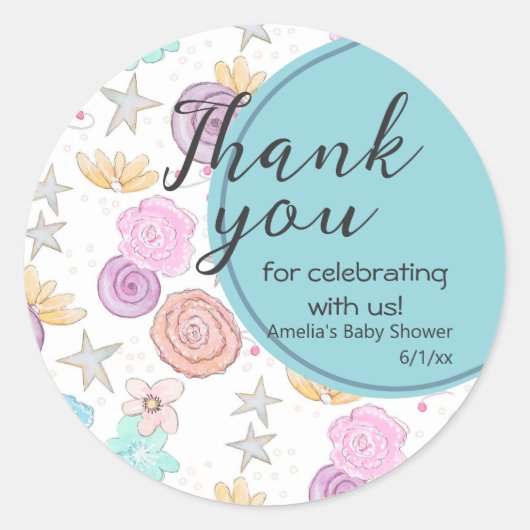 Dank u Bloemensterren Blauwgroen Blauw Baby shower Ronde Sticker (Voorkant)