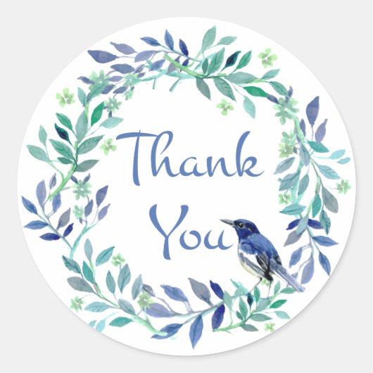 Dank u Blue Bird Waterverf Floral Leaf krans Ronde Sticker (Voorkant)