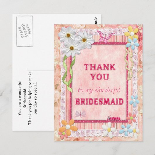 Dank u, Bridesmaid, een kaartje voor de bloemen Briefkaart (Voorkant / Achterkant)