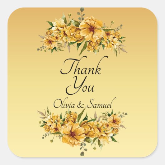 Dank u bruid, bruidegom namen gouden gele bloemen vierkante sticker (Voorkant)